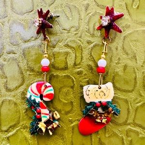 Lunch at the Ritz candy cane and Christmas stocking earrings. Pierced ears.